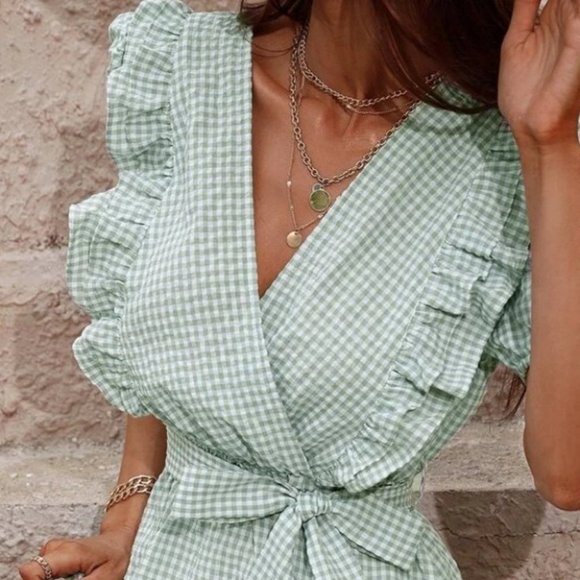Puff Sleeve Gingham Print Belted Mini Dress Green - Picture 4 of 6